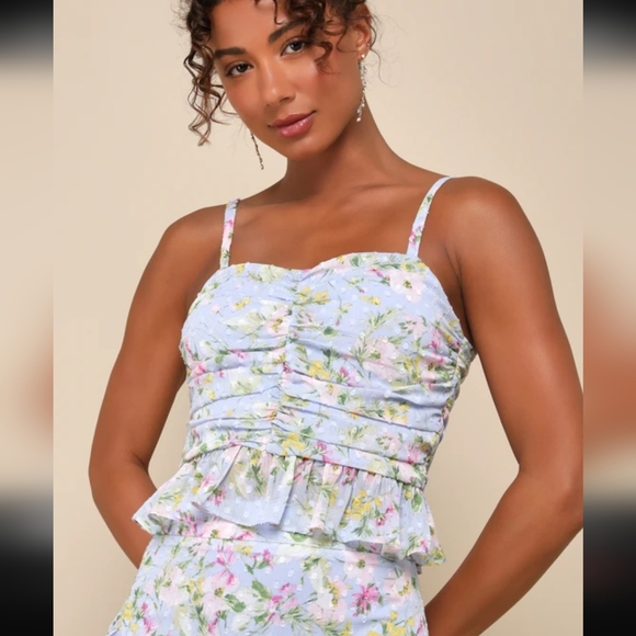 NWOT Lulus Easily Beloved Light Blue Floral Ruched Ruffled Top & Skirt Outfit - Picture 3 of 12
